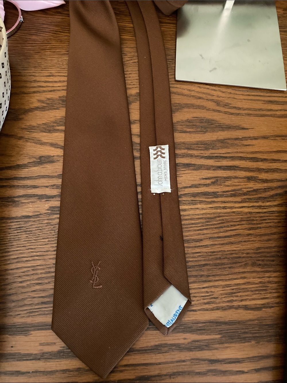 Yves Saint Laurent Vintage EUC Solid Brown Silk Tie with Subtle YSL Motif